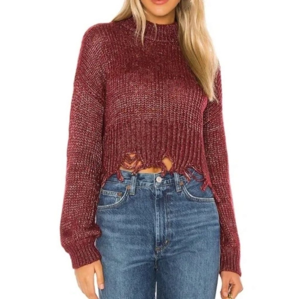 Lovers + Friends Burgundy Red Metallic Knit Cropped Sweater Size XS